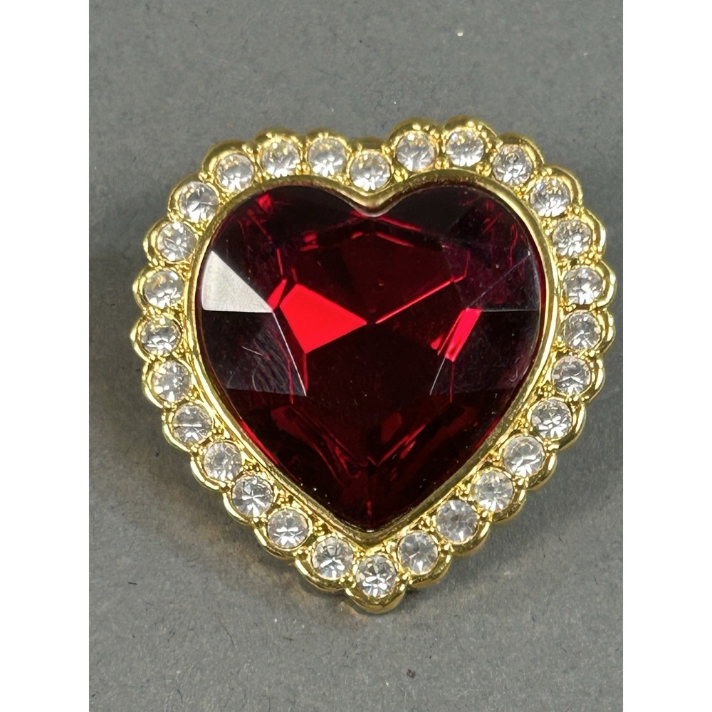 Vintage Style Red Heart Rhinestone Brooch Gold Tone Large Faceted Crystal Pin